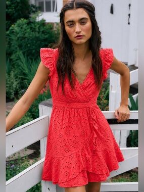 Japna 100% cotton Coral Wrap Eyelet Ruffle Dress